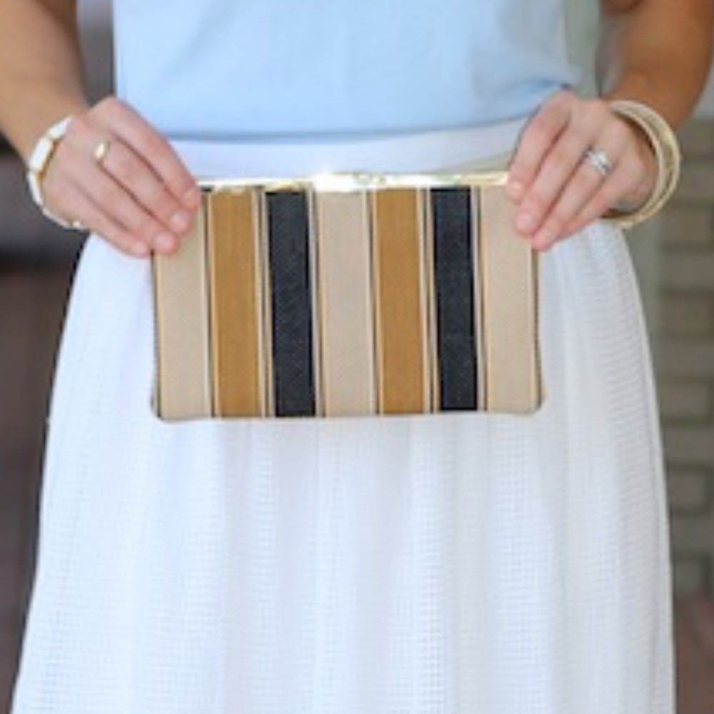 J. Crew Striped Jute Clutch Purse Black/Brown/Tan approx 10” x 6” x 1”